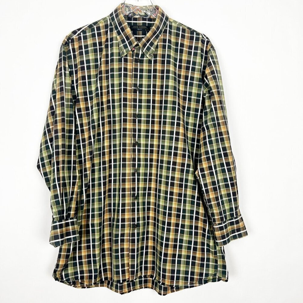 Jack Lipson Plaid Shirt Men's Size XL Black Green Paisley Print Flip Cuffs